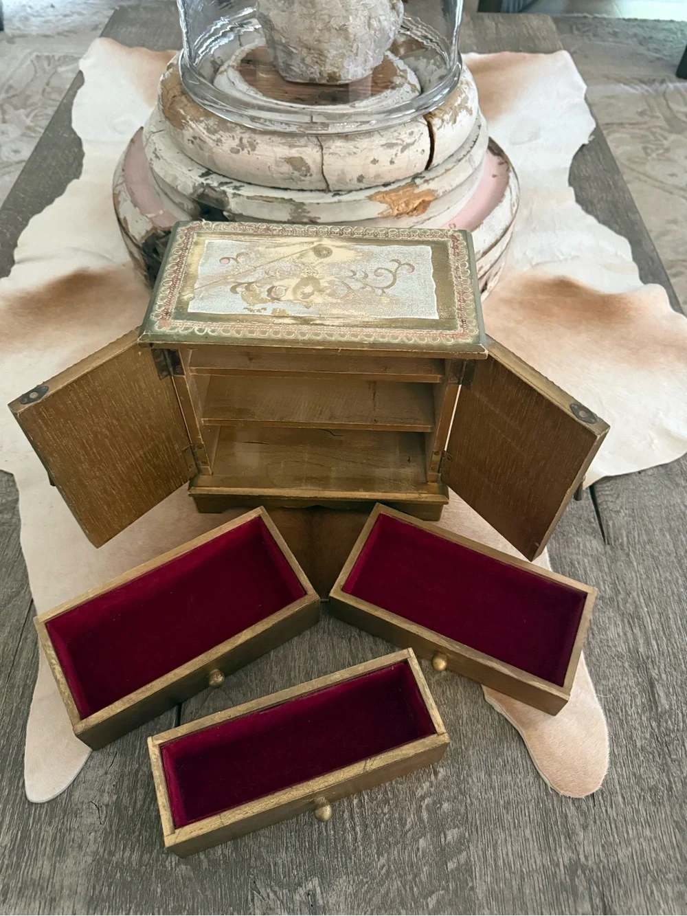 Vintage Gold Decorative Jewelry Box Chest with  Renaissance Style Art Panels